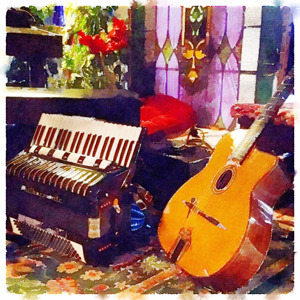A photo I took at a duo gig then processed with the watercolor photo app Waterlogue.